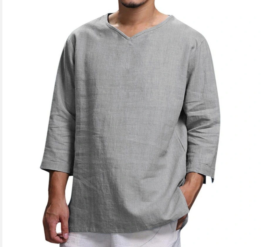 Men′s Plus Size T-Shirt Long-Sleeve V-Neck Cotton and Linen Loose T Shirt Fashion Tops Shirts for Men Summer Clothing