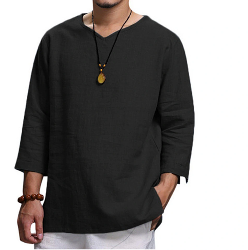 Men′s Plus Size T-Shirt Long-Sleeve V-Neck Cotton and Linen Loose T Shirt Fashion Tops Shirts for Men Summer Clothing