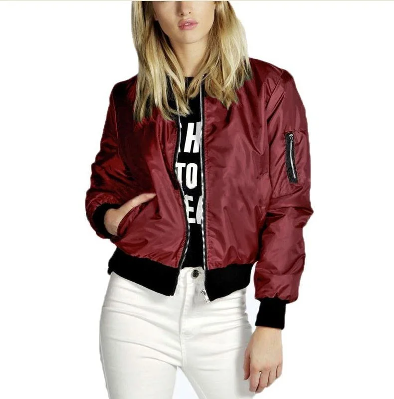 Wholesale Plain Solid Color Thin Zipper Long Sleeve Women Bomber Jacket Fashion Women Coat Jacket