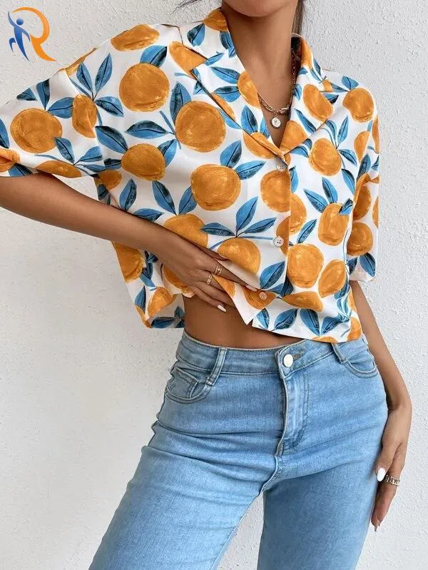 Women Allover Fruit Print Shirt Lapel Collar Drop Shoulder Blouse