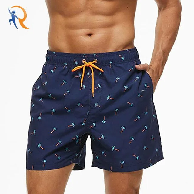 Men′s Quick Dry Drawstring Waistband Printed Swim Shorts Summer Bottoms with Side Pockets