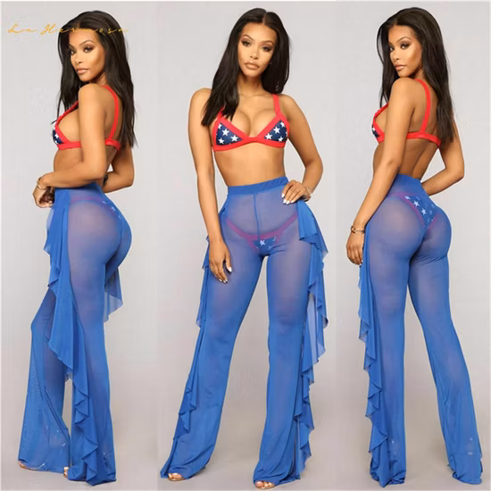 Pantaloni da donna con volant Costume da bagno da spiaggia Copricostume bikini trasparente Pantaloni a rete sexy