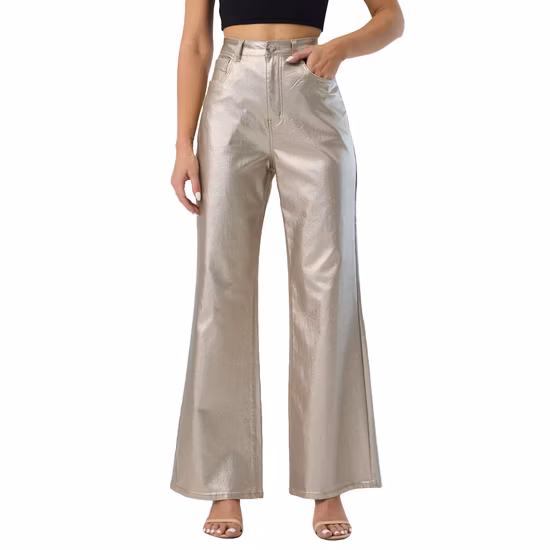 Pantaloni da festa elasticizzati da donna dritti a vita alta personalizzati scintillanti alla moda di colore marrone